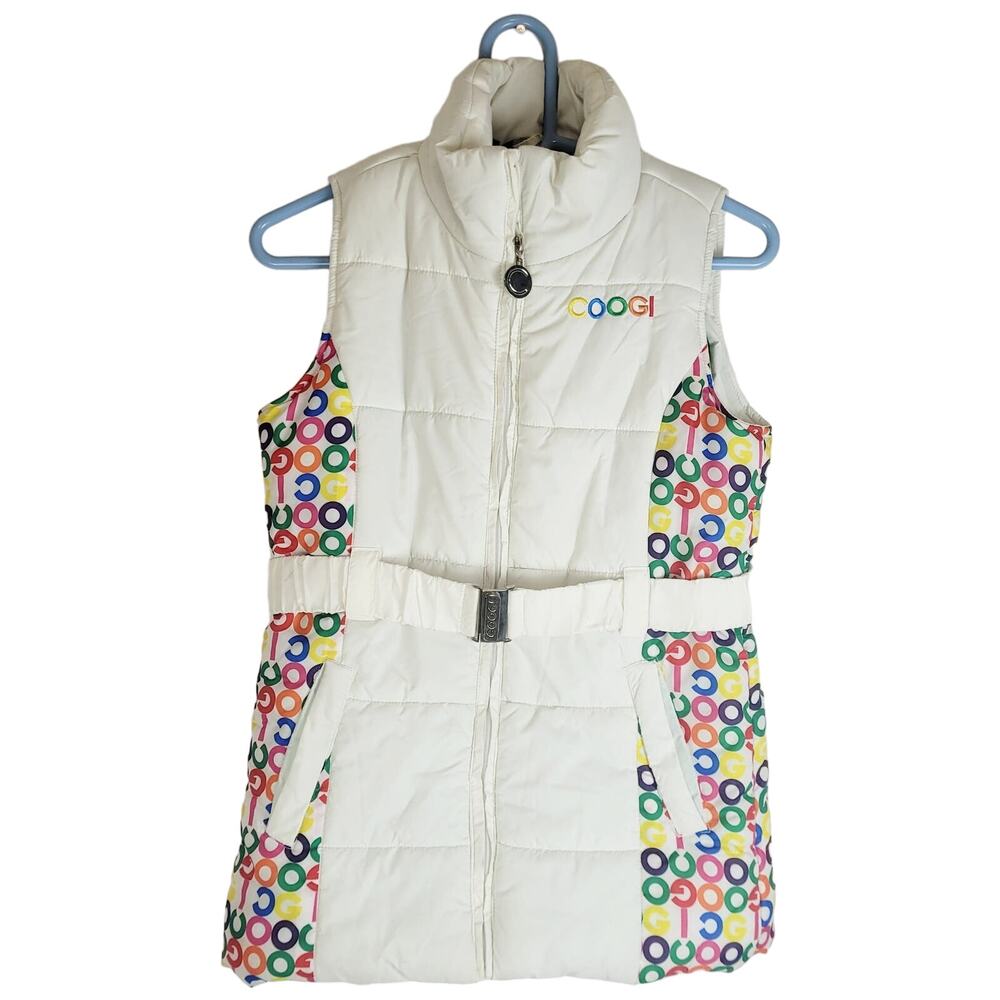 Coogi womens white rainbow logo belted puffer ski vest size Large